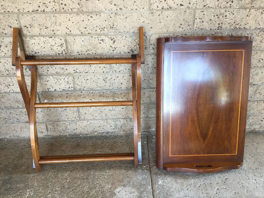 Pair Of Very Nice Wooden Inlay Trays With Separate Folding Stands And Built In Stands [Photo 2]