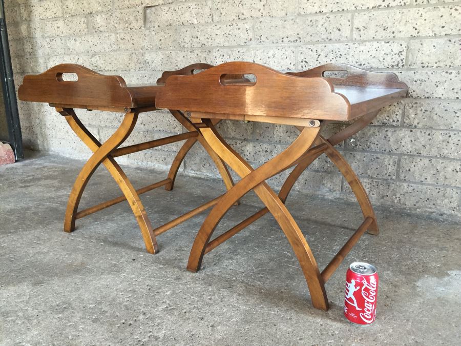 Pair Of Very Nice Wooden Inlay Trays With Separate Folding Stands And Built In Stands [Photo 4]