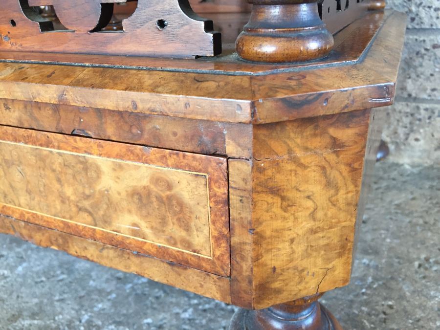 Absolutely Stunning Antique Hand Carved Burlwood Magazine Rack With Drawer [Photo 8]