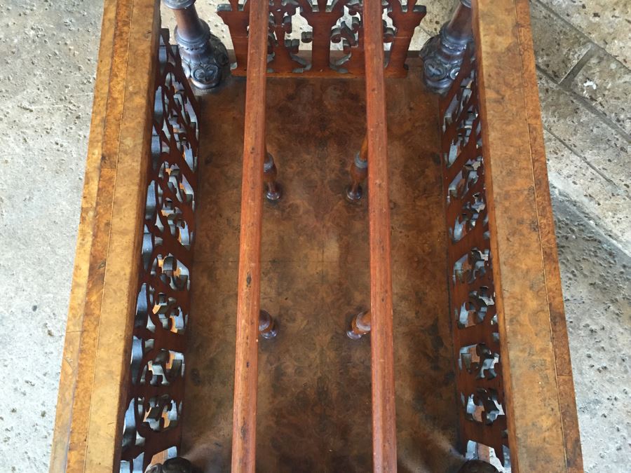 Absolutely Stunning Antique Hand Carved Burlwood Magazine Rack With Drawer [Photo 14]