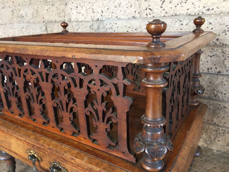 Absolutely Stunning Antique Hand Carved Burlwood Magazine Rack With Drawer [Photo 7]