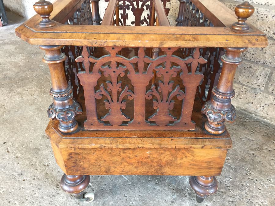Absolutely Stunning Antique Hand Carved Burlwood Magazine Rack With Drawer [Photo 17]