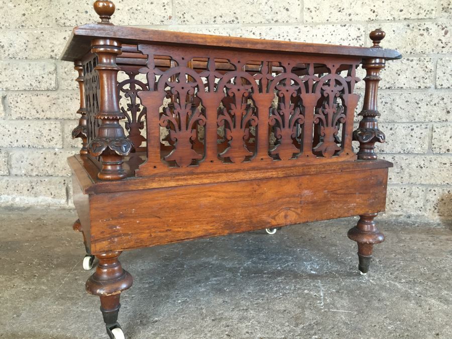 Absolutely Stunning Antique Hand Carved Burlwood Magazine Rack With Drawer [Photo 21]