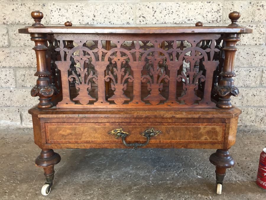 Absolutely Stunning Antique Hand Carved Burlwood Magazine Rack With Drawer [Photo 1]