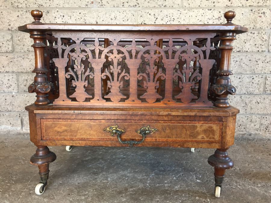 Absolutely Stunning Antique Hand Carved Burlwood Magazine Rack With Drawer [Photo 10]