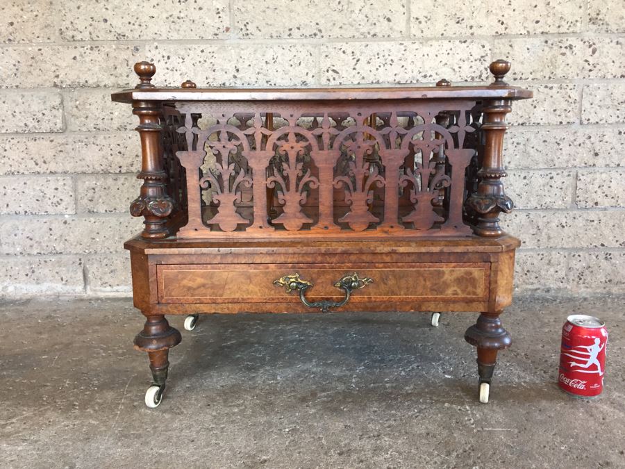 Absolutely Stunning Antique Hand Carved Burlwood Magazine Rack With Drawer [Photo 4]
