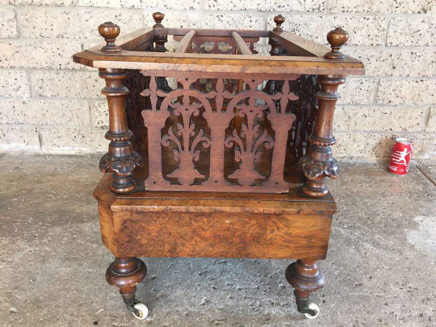 Absolutely Stunning Antique Hand Carved Burlwood Magazine Rack With Drawer [Photo 18]