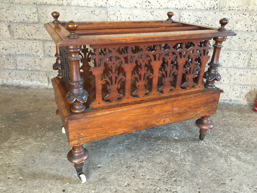Absolutely Stunning Antique Hand Carved Burlwood Magazine Rack With Drawer [Photo 20]