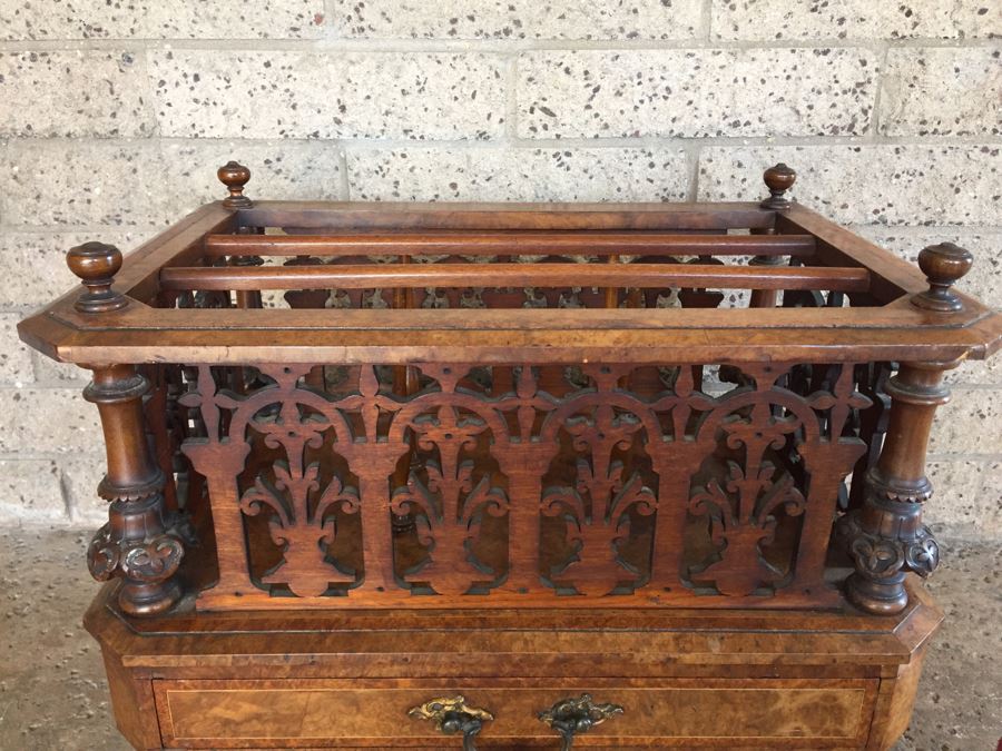 Absolutely Stunning Antique Hand Carved Burlwood Magazine Rack With Drawer [Photo 5]