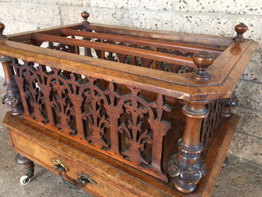 Absolutely Stunning Antique Hand Carved Burlwood Magazine Rack With Drawer [Photo 3]