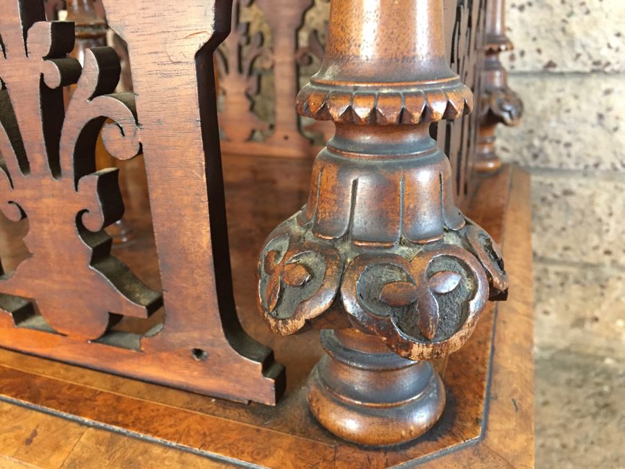 Absolutely Stunning Antique Hand Carved Burlwood Magazine Rack With Drawer [Photo 6]