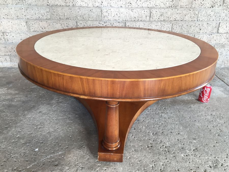 Heirloom Quality WEIMAN Round Coffee Table With Italian Marble Top