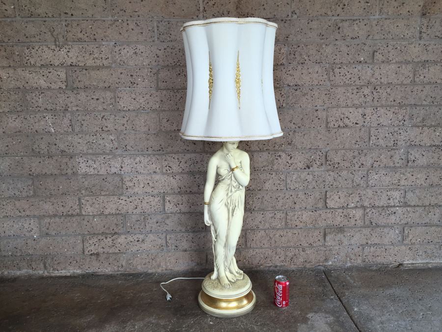 Tall White And Gold Plaster Woman Lady Italian Table Lamp With Exquisite Lamp Shade