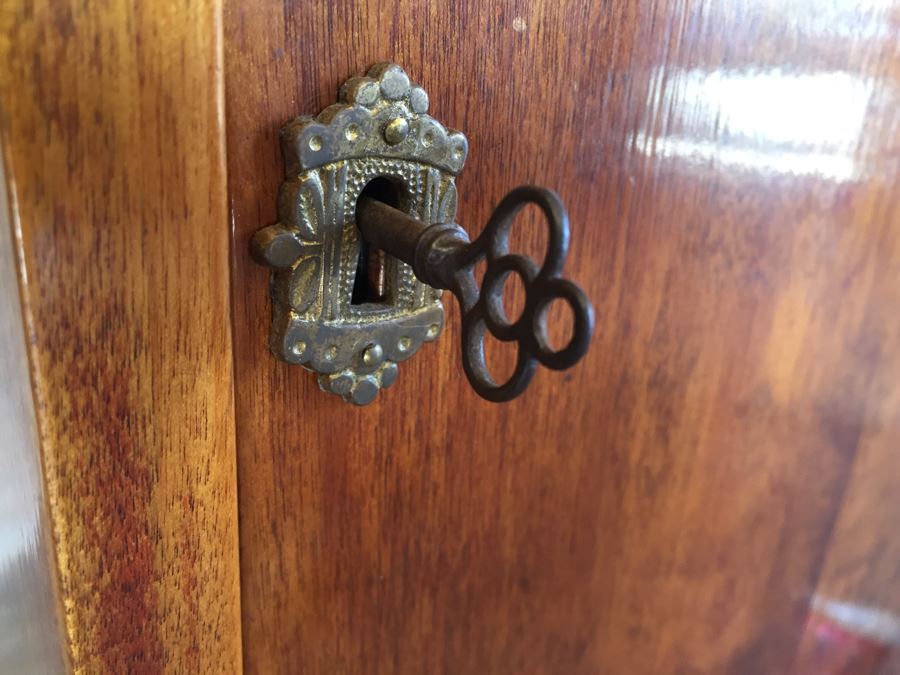 Stunning Vintage Liquor Bar Cabinet With Lock And Skeleton Key With Brilliant Red Streaks Throughout Wood [Photo 16]