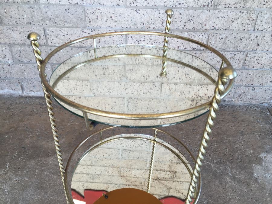 Vintage 3-Tier Twisted Gilt Metal Shelf With Mirrored Shelves [Photo 2]