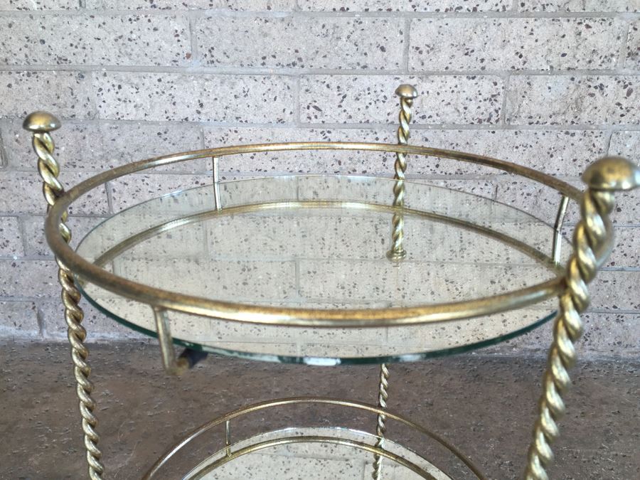 Vintage 3-Tier Twisted Gilt Metal Shelf With Mirrored Shelves [Photo 7]