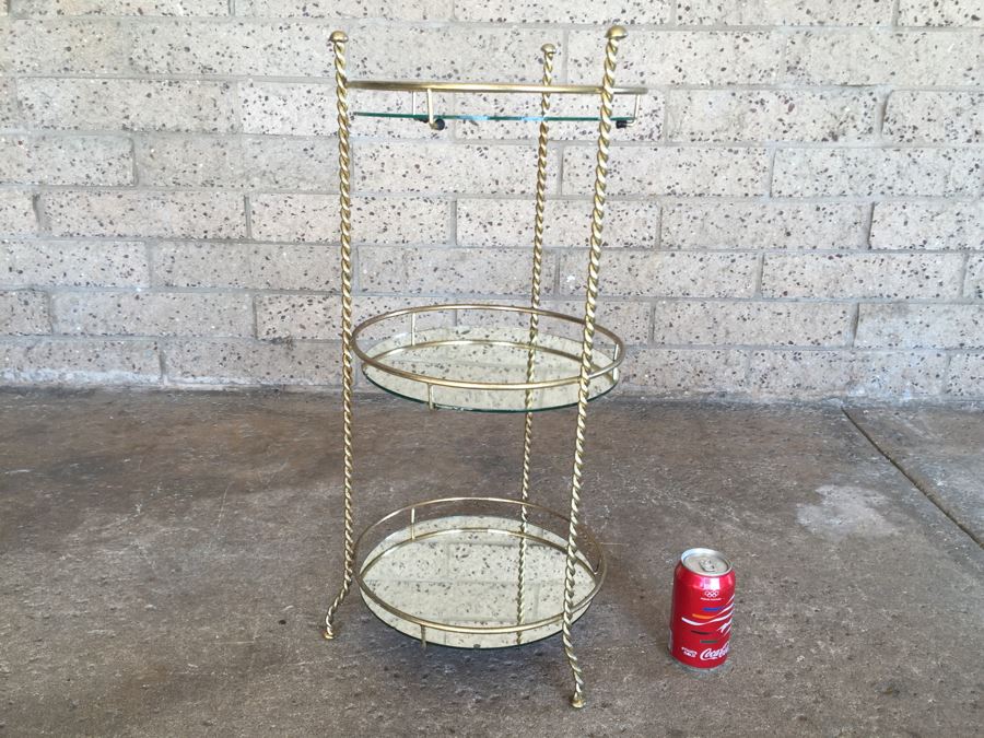 Vintage 3-Tier Twisted Gilt Metal Shelf With Mirrored Shelves [Photo 4]