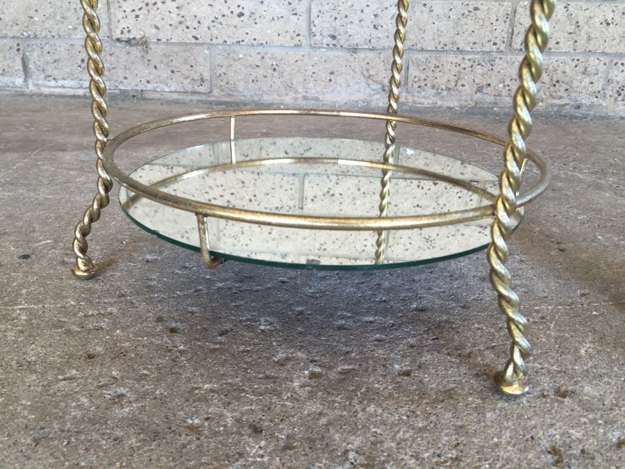 Vintage 3-Tier Twisted Gilt Metal Shelf With Mirrored Shelves [Photo 3]
