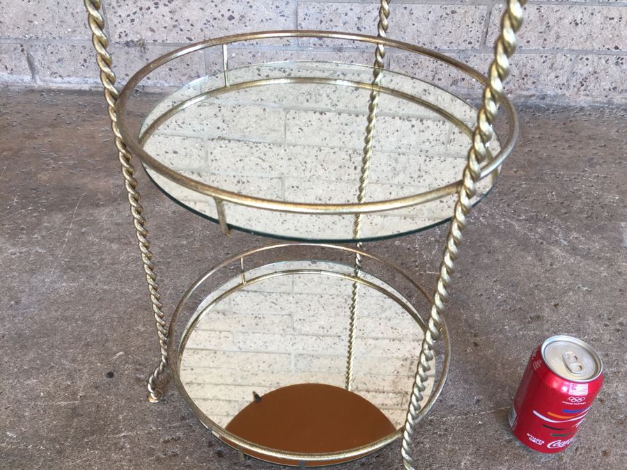 Vintage 3-Tier Twisted Gilt Metal Shelf With Mirrored Shelves [Photo 5]