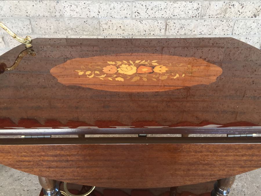 Vintage Italian Inlaid Marquetry Wood Serving Bar Tea Cart Drop Leaf Gorgeous [Photo 6]