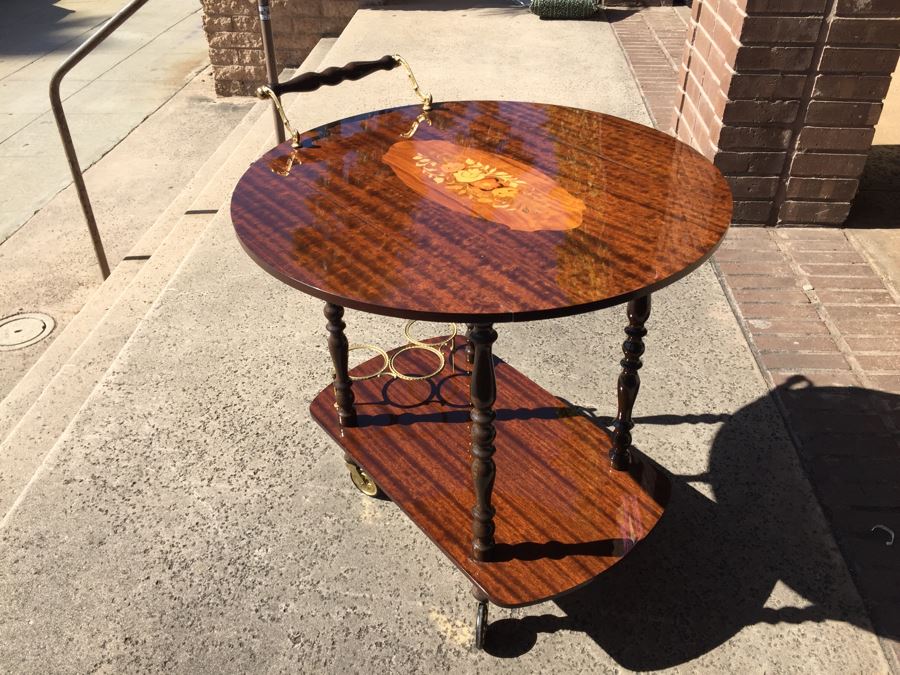 Vintage Italian Inlaid Marquetry Wood Serving Bar Tea Cart Drop Leaf Gorgeous [Photo 2]