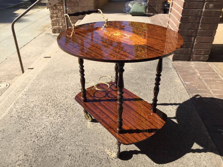Vintage Italian Inlaid Marquetry Wood Serving Bar Tea Cart Drop Leaf Gorgeous [Photo 15]