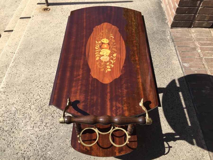 Vintage Italian Inlaid Marquetry Wood Serving Bar Tea Cart Drop Leaf Gorgeous [Photo 7]