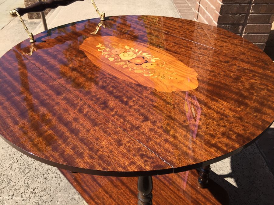 Vintage Italian Inlaid Marquetry Wood Serving Bar Tea Cart Drop Leaf Gorgeous [Photo 16]