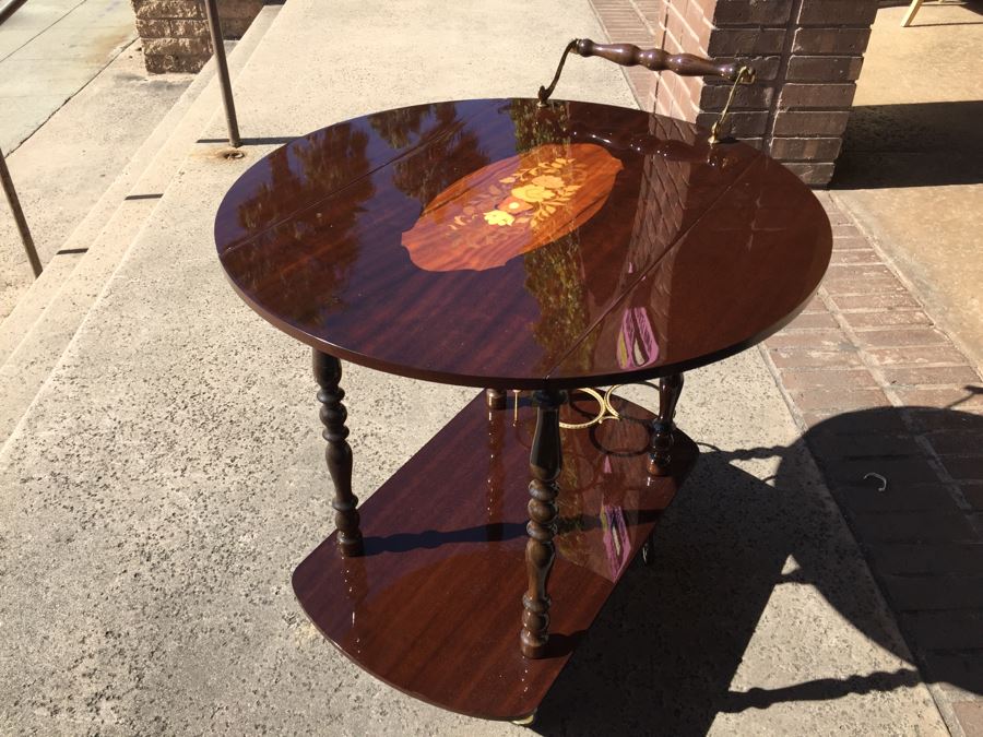 Vintage Italian Inlaid Marquetry Wood Serving Bar Tea Cart Drop Leaf Gorgeous [Photo 13]