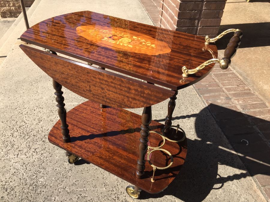 Vintage Italian Inlaid Marquetry Wood Serving Bar Tea Cart Drop Leaf Gorgeous [Photo 11]