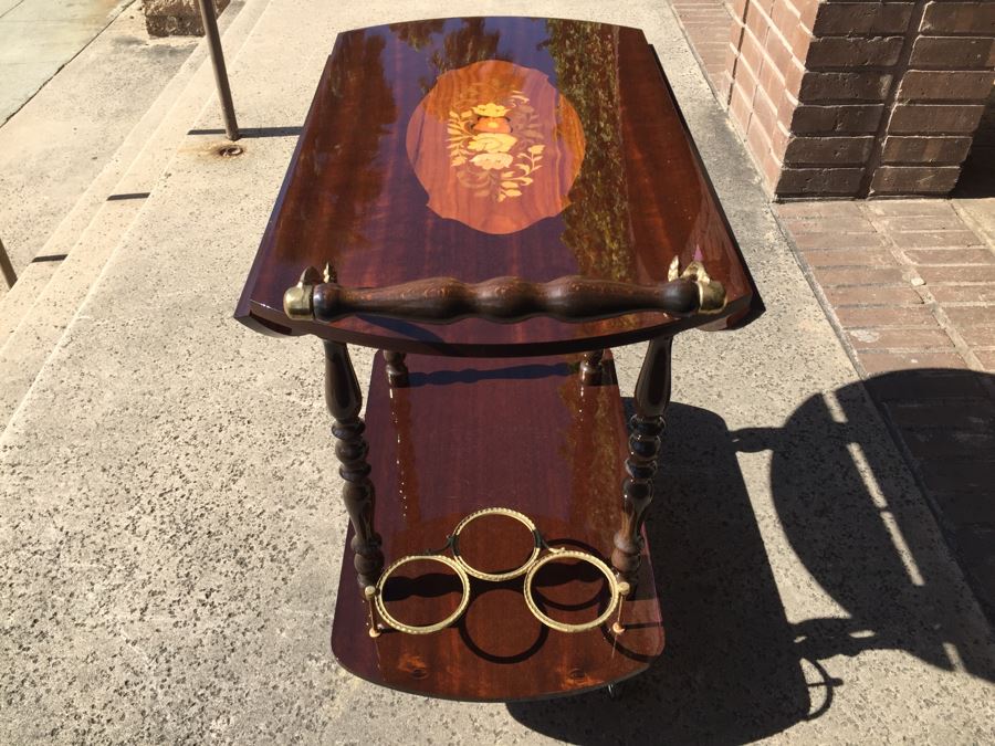 Vintage Italian Inlaid Marquetry Wood Serving Bar Tea Cart Drop Leaf Gorgeous [Photo 10]