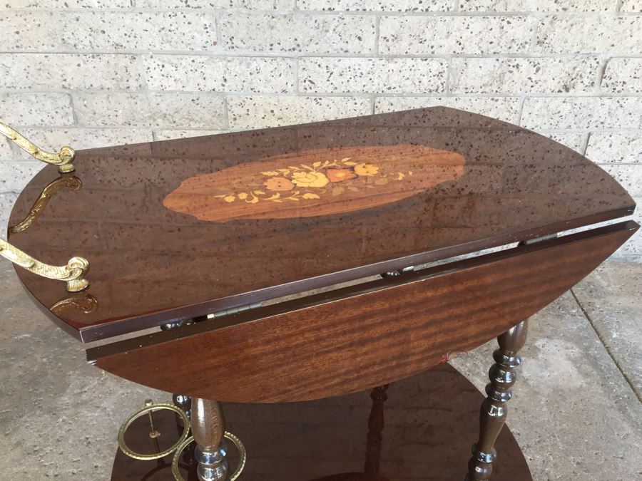 Vintage Italian Inlaid Marquetry Wood Serving Bar Tea Cart Drop Leaf Gorgeous [Photo 5]