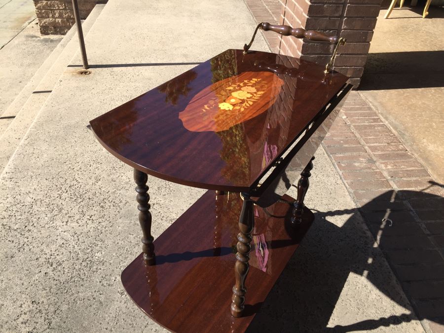 Vintage Italian Inlaid Marquetry Wood Serving Bar Tea Cart Drop Leaf Gorgeous [Photo 12]