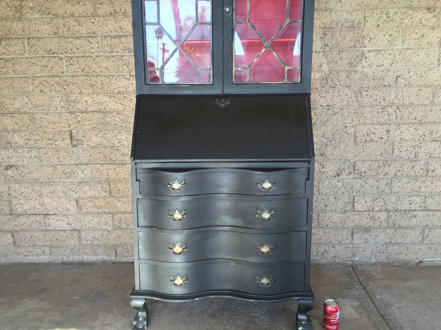 Nice Vintage Secretary Desk Painted Black And Red With Ball And Claw Feet [Photo 6]