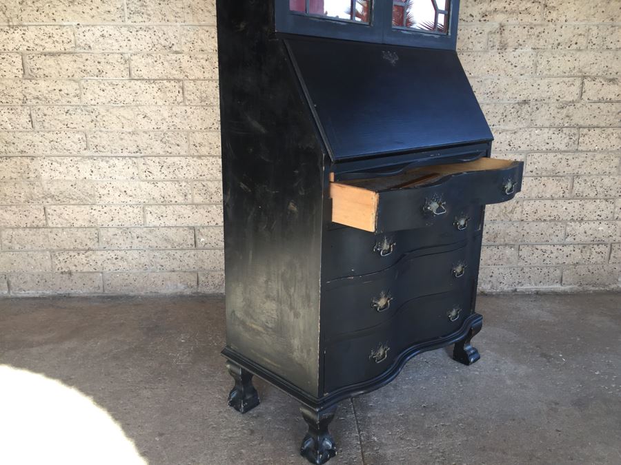 Nice Vintage Secretary Desk Painted Black And Red With Ball And Claw Feet [Photo 22]