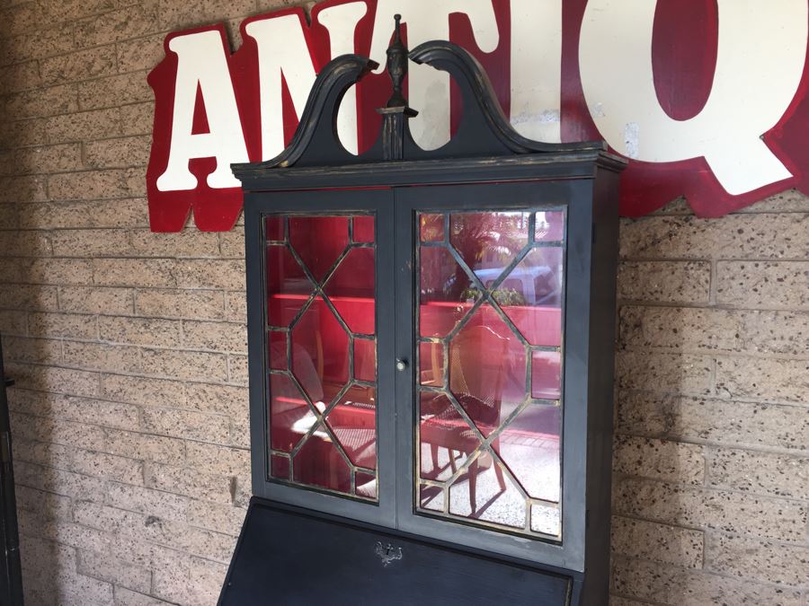 Nice Vintage Secretary Desk Painted Black And Red With Ball And Claw Feet [Photo 8]