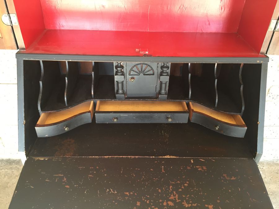 Nice Vintage Secretary Desk Painted Black And Red With Ball And Claw Feet [Photo 20]