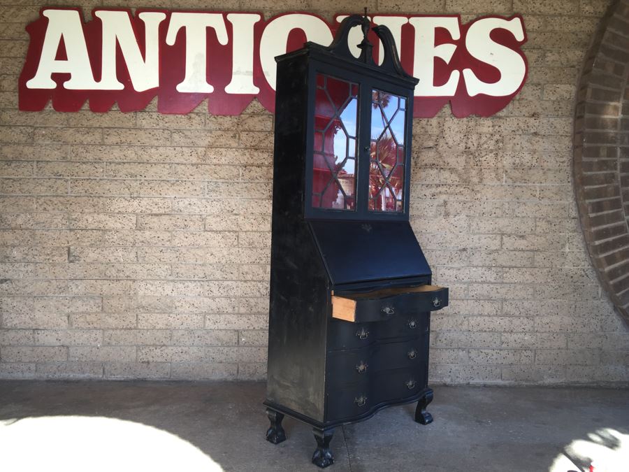 Nice Vintage Secretary Desk Painted Black And Red With Ball And Claw Feet [Photo 21]