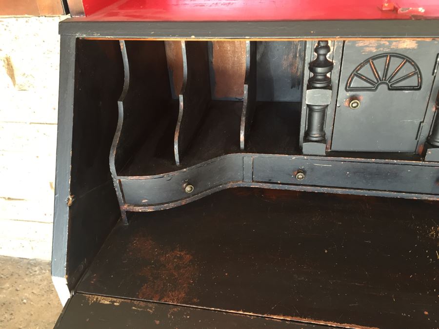 Nice Vintage Secretary Desk Painted Black And Red With Ball And Claw Feet [Photo 16]