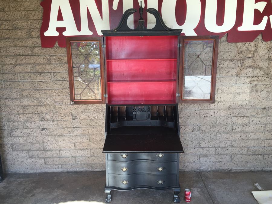Nice Vintage Secretary Desk Painted Black And Red With Ball And Claw Feet [Photo 2]