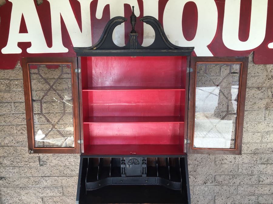 Nice Vintage Secretary Desk Painted Black And Red With Ball And Claw Feet [Photo 12]