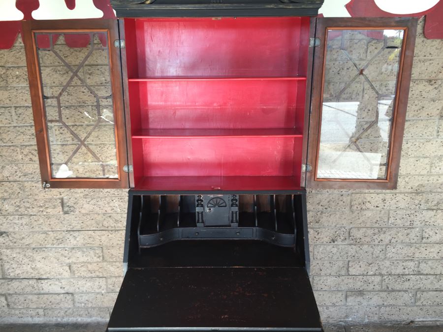 Nice Vintage Secretary Desk Painted Black And Red With Ball And Claw Feet [Photo 11]