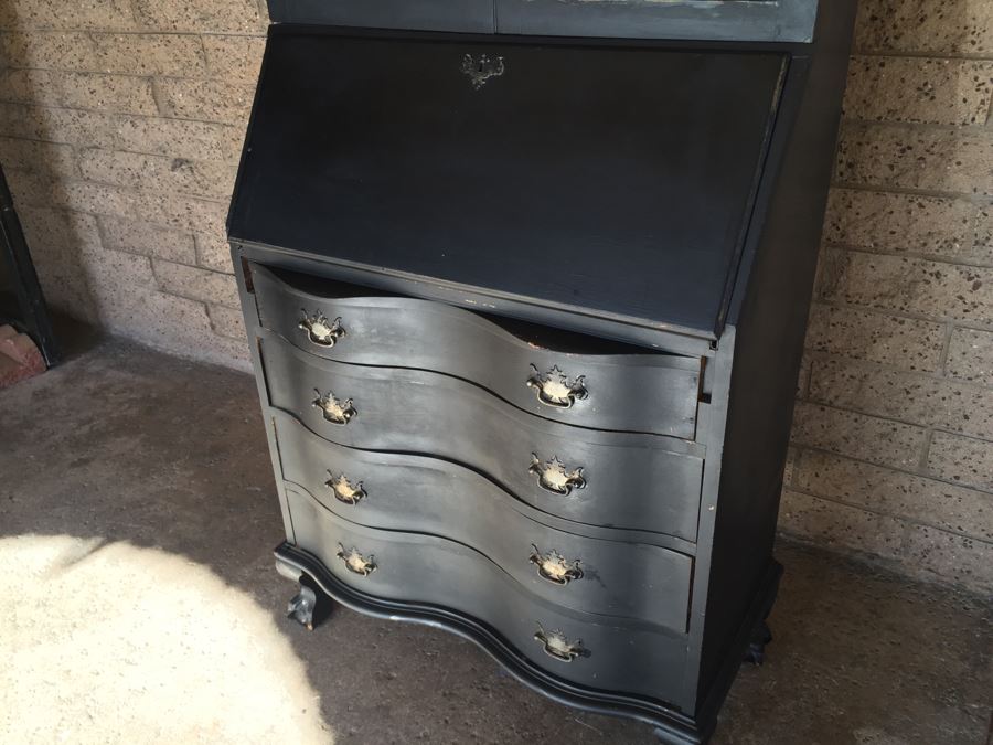 Nice Vintage Secretary Desk Painted Black And Red With Ball And Claw Feet [Photo 10]