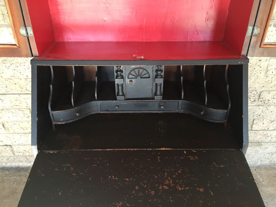 Nice Vintage Secretary Desk Painted Black And Red With Ball And Claw Feet [Photo 14]