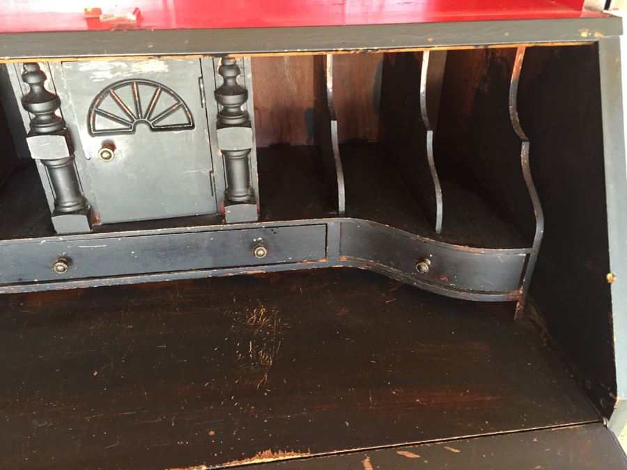 Nice Vintage Secretary Desk Painted Black And Red With Ball And Claw Feet [Photo 17]