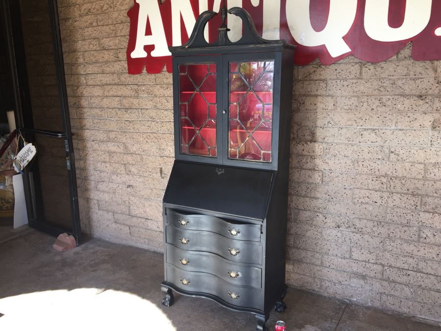 Nice Vintage Secretary Desk Painted Black And Red With Ball And Claw Feet [Photo 7]