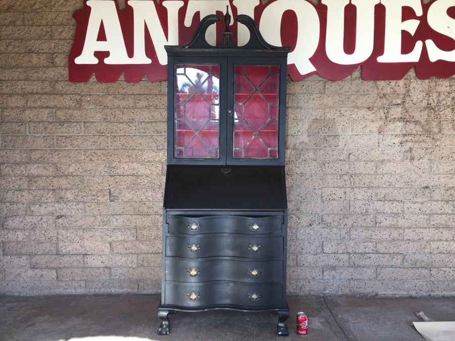 Nice Vintage Secretary Desk Painted Black And Red With Ball And Claw Feet