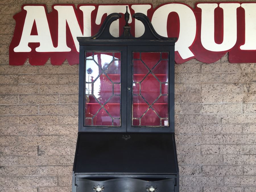 Nice Vintage Secretary Desk Painted Black And Red With Ball And Claw Feet [Photo 5]