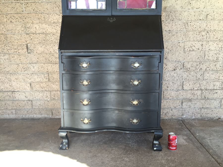 Nice Vintage Secretary Desk Painted Black And Red With Ball And Claw Feet [Photo 4]
