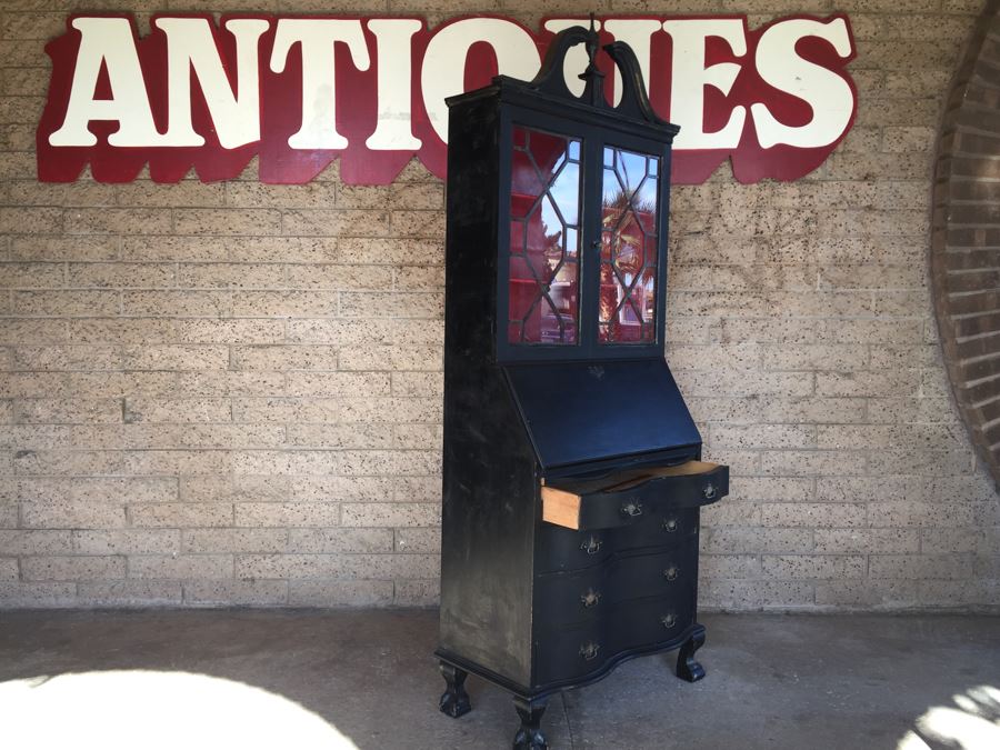 Nice Vintage Secretary Desk Painted Black And Red With Ball And Claw Feet [Photo 3]